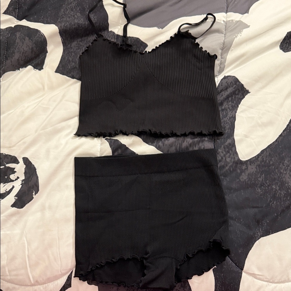 Aerie Black Ribbed Intimates Set